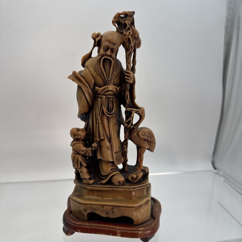 Vintage Carved Resin Chinese God Of Longevity Prosperity 10" Asian Statue Heavy
